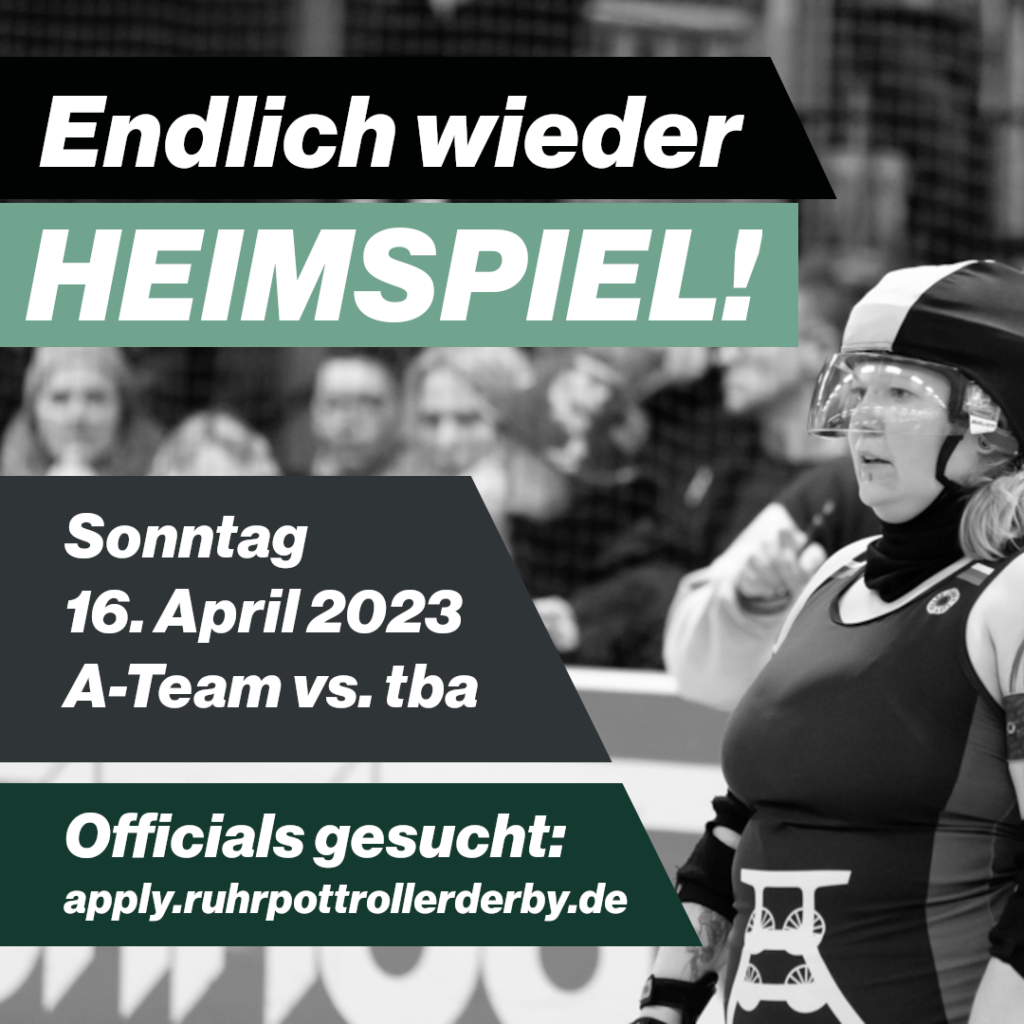 Ankündigungsplakat zum Heimspiel. Rechts sieht man unsere Spielerin Malefeecent. Daneben stehen dann die Worte: "Endlich wieder Heimspiel!", sowie Datum und der Hinweis für Officials.